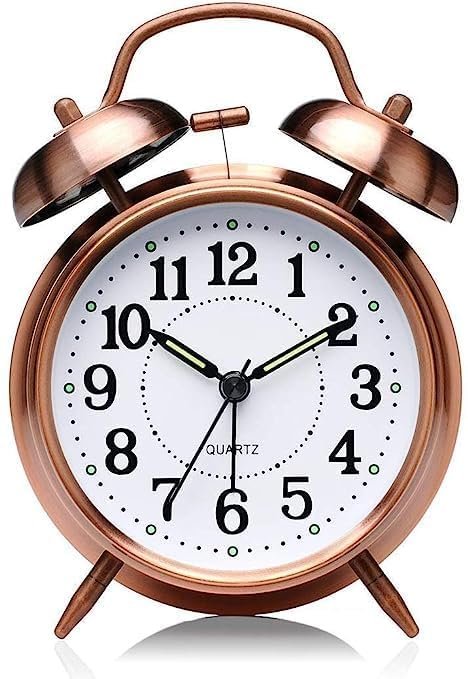 SKYLACE Vintage Brass Twin Bell Table Top Alarm Clock with LED Night Light Display - Ideal for Bedroom, Heavy Sleepers, Adults, Kids and Students (Copper)
