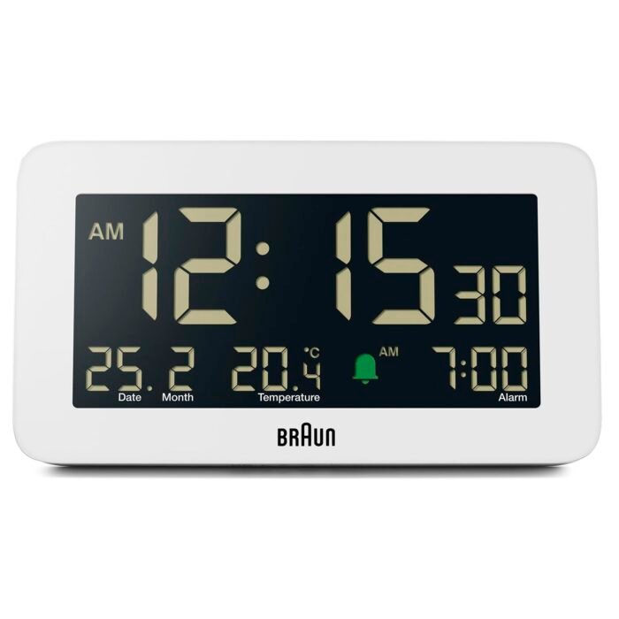 Braun Plastic Digital Alarm Clock with Date, Month and Temperature Displayed, Negative LCD Display, Quick Set, Crescendo Beep Alarm in White, Model BC10W.