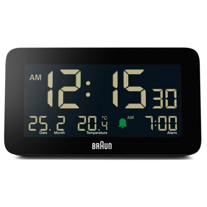 Braun Digital Alarm Clock with Date, Month and Temperature Displayed, Negative L, Plastic, 13 Cm, 7 Cm, Black