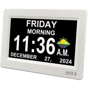 SSYA Digital Calendar Alarm Day Clock - 12 Alarm Options, Level 5 Auto Dimmable, Dementia Clocks for Vision Impaired, Elderly, Memory Loss Clock with Non-Abbreviated Clock with Date and Day (7 inch)