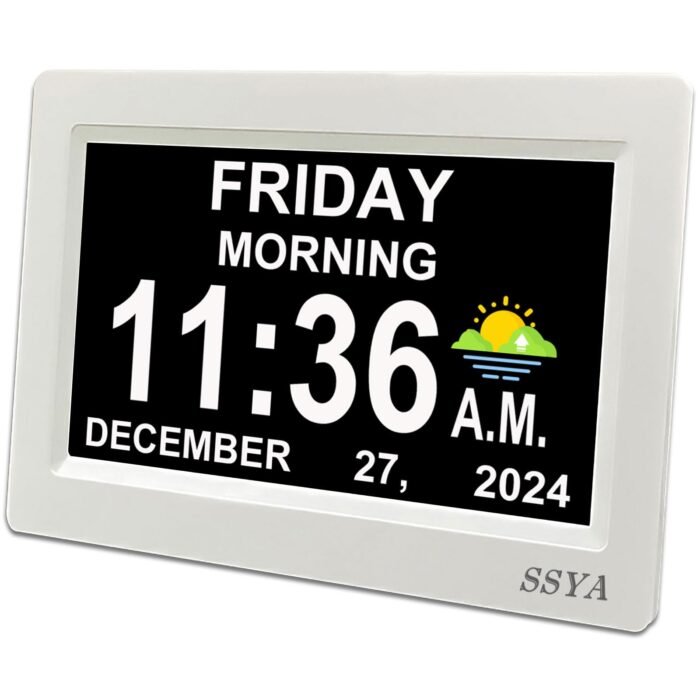 SSYA Digital Calendar Alarm Day Clock - 12 Alarm Options, Level 5 Auto Dimmable, Dementia Clocks for Vision Impaired, Elderly, Memory Loss Clock with Non-Abbreviated Clock with Date and Day (7 inch)