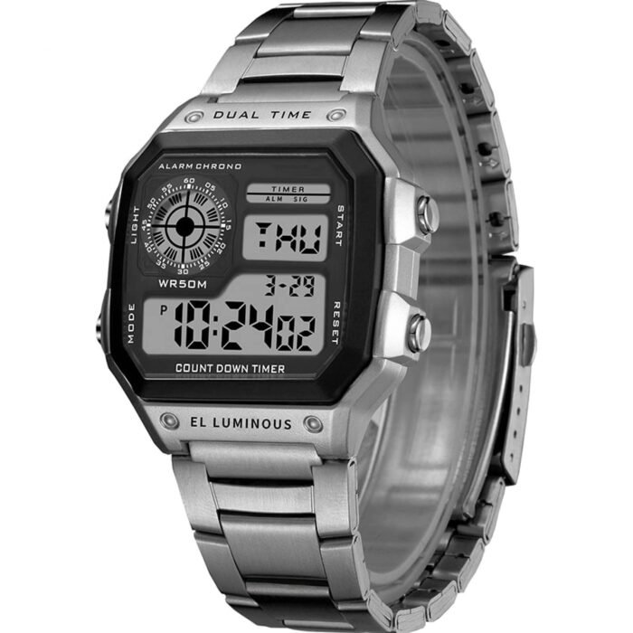 Shocknshop Digital Sports Square Black Dial Stainless Steel Strap Unisex Watch (Black Dial & Silver Colored Strap) -WCH53