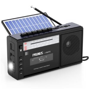 PRUNUS J-360TS Cassette Tape Player Boombox with Bluetooth, Tape Recording, AM FM Portable Radio,Solar/Battery Operated/Rechargeable,AUX/TF/USB Drive,Flashlight,Headphone Jack,Gift Cassette Player