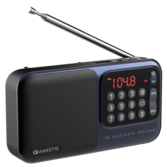 Amkette Pocket Mate Digital FM Radio with Bluetooth Speaker - Type C Charging, Antenna, Multiple Playback 8 Hours Playtime, and Number Pad (Headphone Jack, SD Card, USB Input) (Blue)