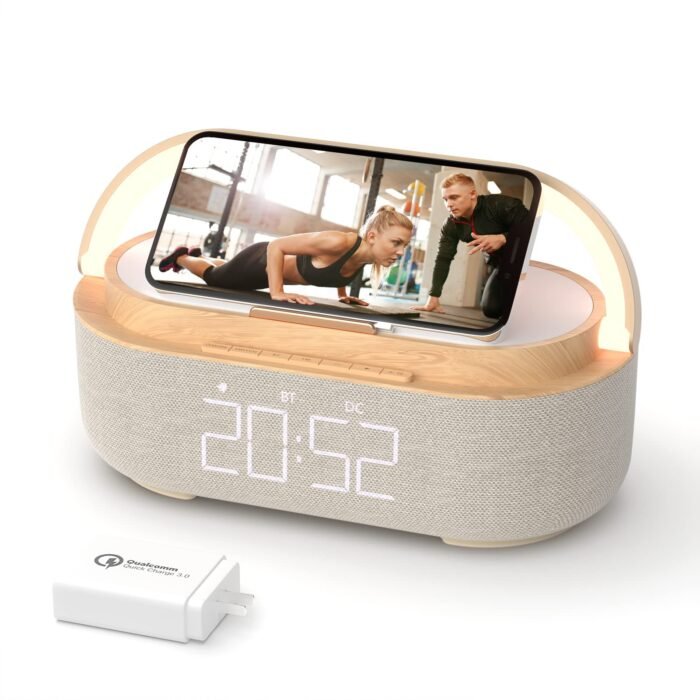 COLSUR Digital Alarm Clock Radio with Wireless Charging, FM Radio with USB Port and Adjustable LED Display, Night Light, Bluetooth, Off Timer Alarm and Phone Holder
