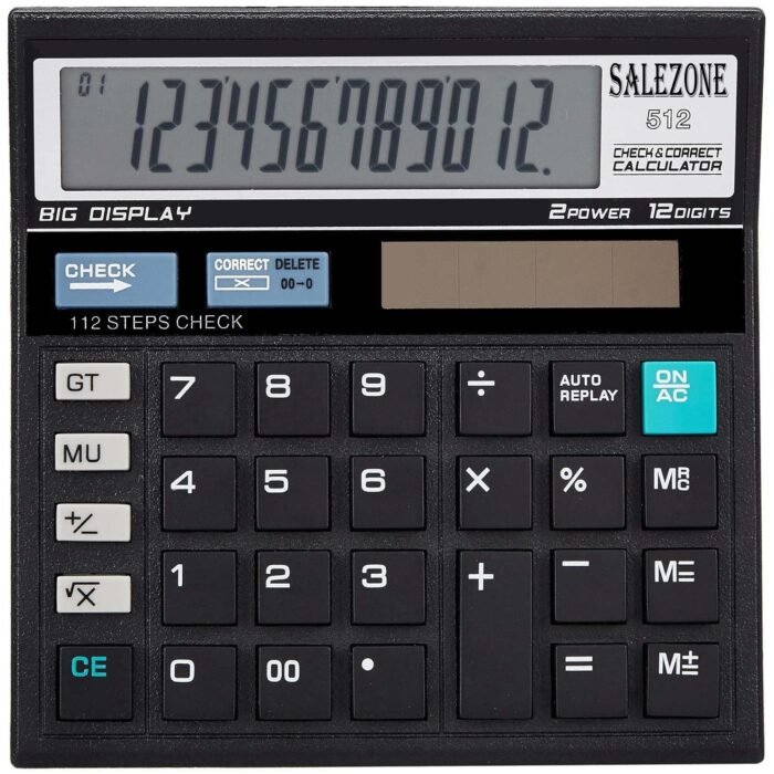 SALEZONE® 12 Digit Financial Calculator With 120 Steps Check Function And Special Buttons For Grand Total (Gt), Mark Up (Mu) Check And Correct Function Desktop Calculator (3 Years Warranty), Black
