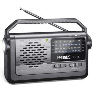 PRUNUS J-15 Portable Radio Mains and Battery, SW AM FM Battery Operated by 3X D Cell Battery or AC Power, Transistor with 3W Large Speaker, Flashlight for Emergencies. (Black-New)