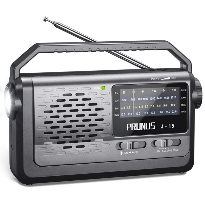 PRUNUS J-15 Portable Radio Mains and Battery, SW AM FM Battery Operated by 3X D Cell Battery or AC Power, Transistor with 3W Large Speaker, Flashlight for Emergencies. (Black-New)