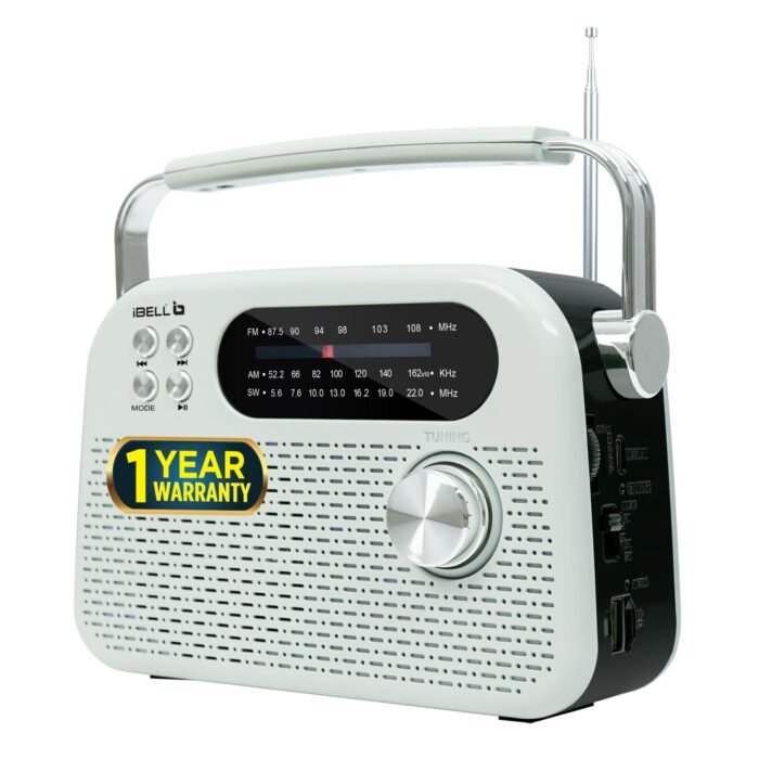 iBELL FM730BT Portable FM Radio with Bluetooth Speaker, USB & SD Card MP3 Player, Headphone Jack, Dynamic Sound, 3-Band Tuning, Rechargeable Battery with Type-C Charging Port (White)