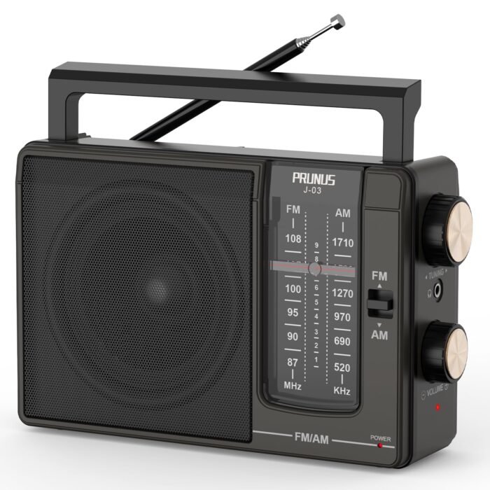 PRUNUS J-03 AM FM Radio Portable Plug in Wall or AA Battery Operated for Home&Outdoor, Large Speaker Excellent Sound, Excellent Reception 49cm ant, Large Tuning Knobs for Easy to Use Gifts for Seniors