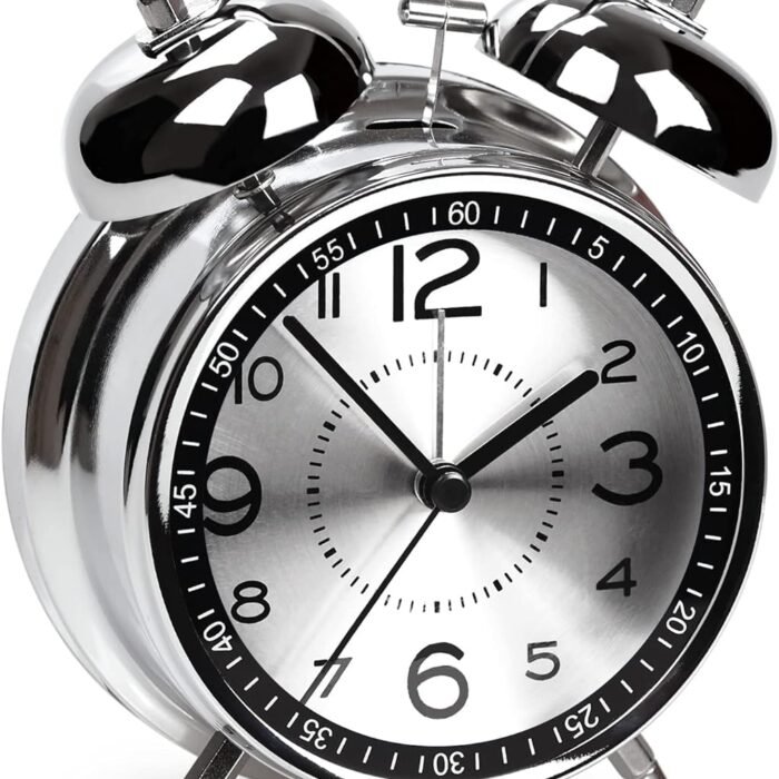 HOME SKILL ®Analog Alarm Clock for Heavy Sleepers Loud Clock for Adults, Metal 4 Inches Twin Bell Table Clock with Backlight Alarm Clocks for Students Decoration Bedroom/Office (Metal Silver)