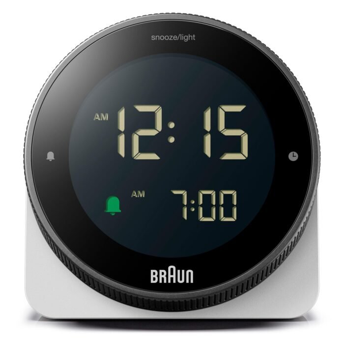 Braun Digital Alarm Clock with Snooze, Negative LCD Display, Rotating Bezel for Quick time Setting, Crescendo Beep Alarm in White, Model BC24W.