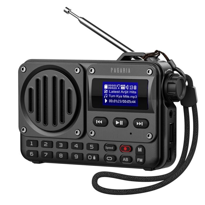 Pagaria Grenade 5 Watts Pocket FM Radio with Bluetooth, Tf Card/USB Speaker – LCD Display with Song Name, Folder Selection, Type C Charging, Voice Recording & More, Black