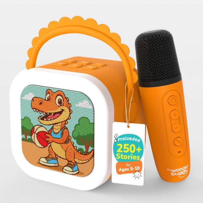 WonderBuddy StoryBox Mini, 250+ Stories Preloaded, Karaoke Mic for Singing, RGB Lights, Kids BT Speaker, Musical Toy, Birthday Gift for 6-10 Year Kids - Dino with Mic