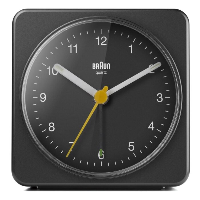 Braun Classic Quiet Quartz Sweeping Movement Analogue Alarm Clock with Snooze and Light, Crescendo Beep Alarm (Black)